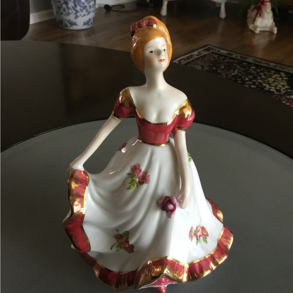 Elegant Porcelain Southern Belle Woman Figurine White Red & Gold